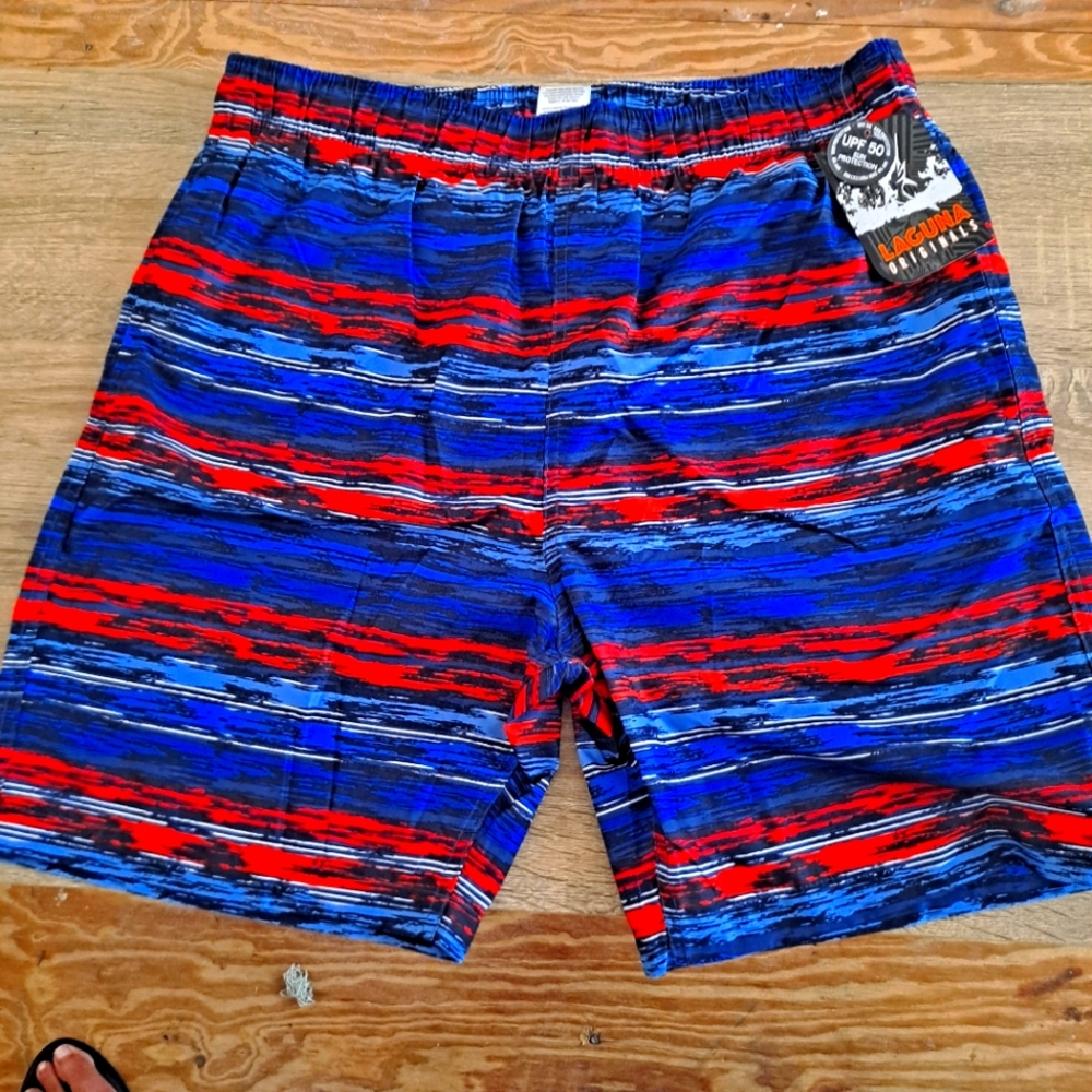Vibrant Blue and Red Board Shorts with Dynamic Stripes